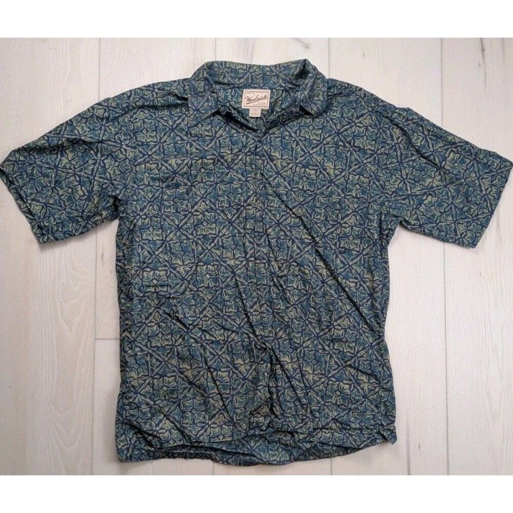 Vintage Woolrich Hawaiian Shirt‎ Geometric Floral Print Short Sleeve Mens L USA